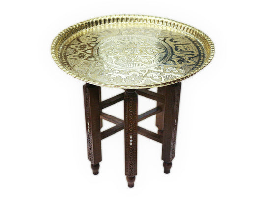 Orientalisch Beistelltisch,Tischgestell aus massivem Holz mit Tablett aus Messing, Teetisch Damaskunst HM 521