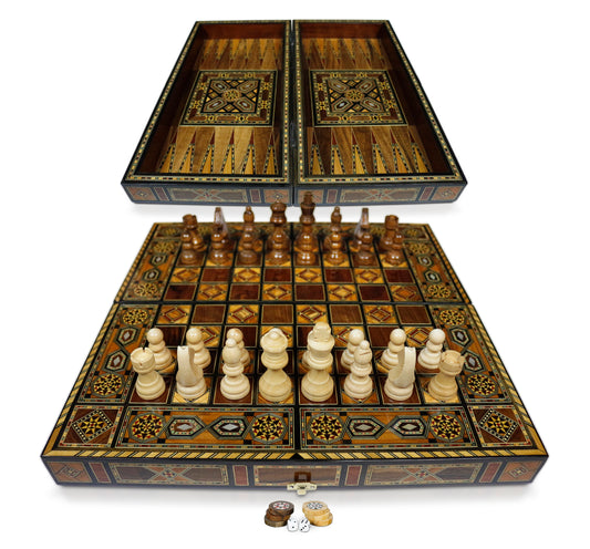 Holz Backgammon/Schach Brett inkl. Holz Steine und Figuren BT420F