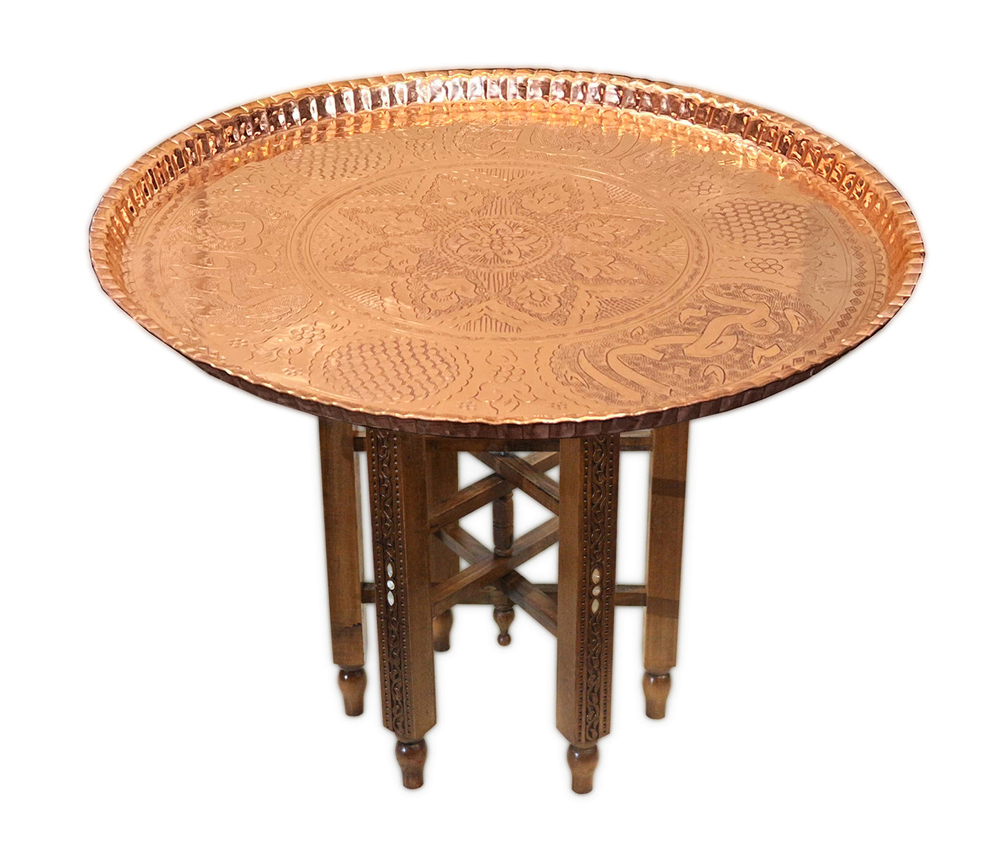Beistelltisch,Tischgestell aus massivem Holz , Tablett aus Kupfer 61 cm