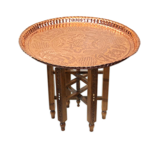 Beistelltisch,Tischgestell aus massivem Holz , Tablett aus Kupfer 51 cm