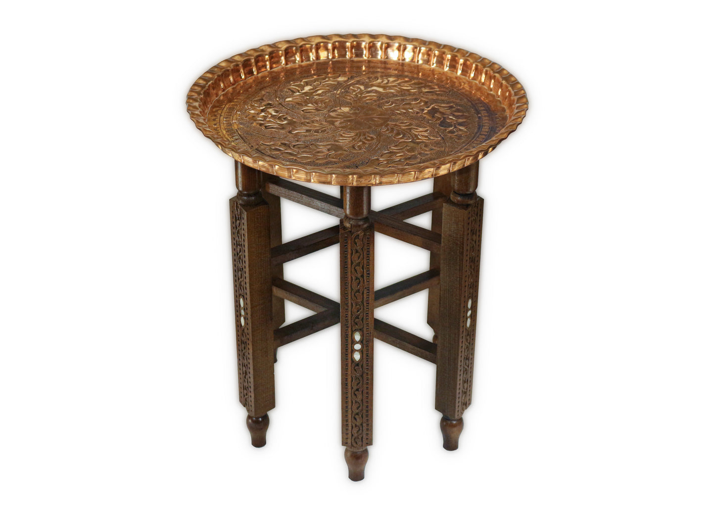 Orientalisch Beistelltisch,Tischgestell aus massivem Holz mit Tablett aus Kupfer, Teetisch Damaskunst HK 411