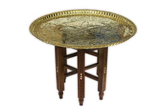 Orientalisch Beistelltisch,Tischgestell aus massivem Holz mit Tablett aus Messing, Teetisch Damaskunst HM 631