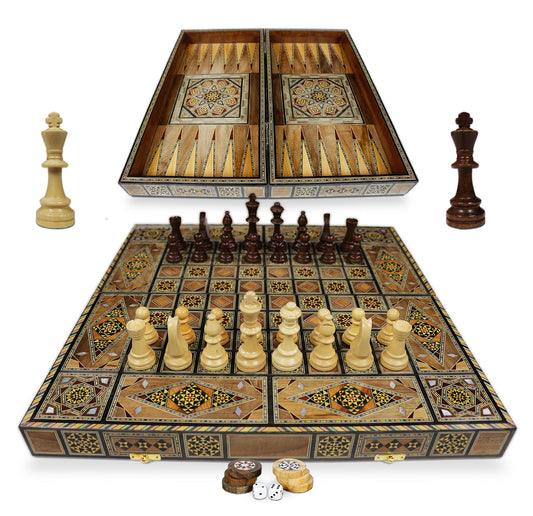 Holz Backgammon/Schach Brett inkl. Holz Steine und Figuren BT502F