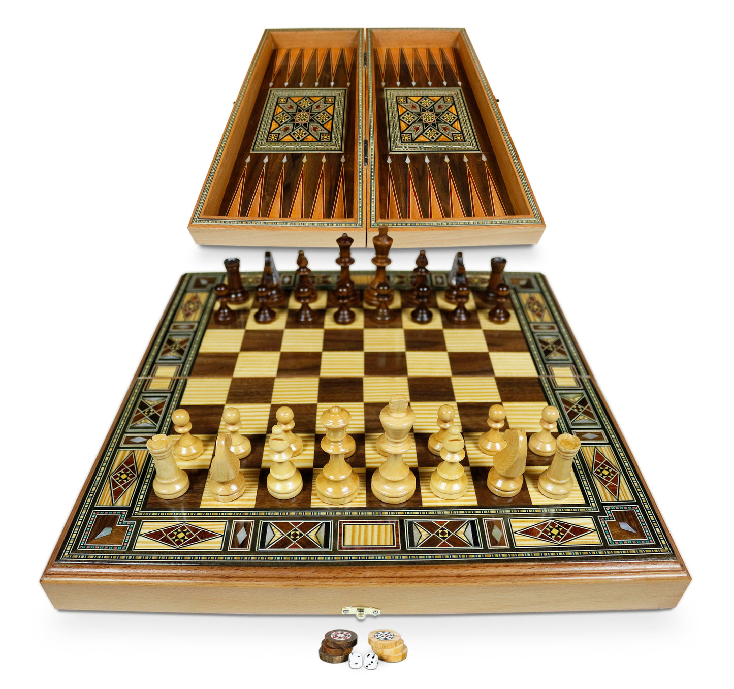Holz Backgammon/Schach Brett inkl.Steine und Schachfiguren BT 414 F