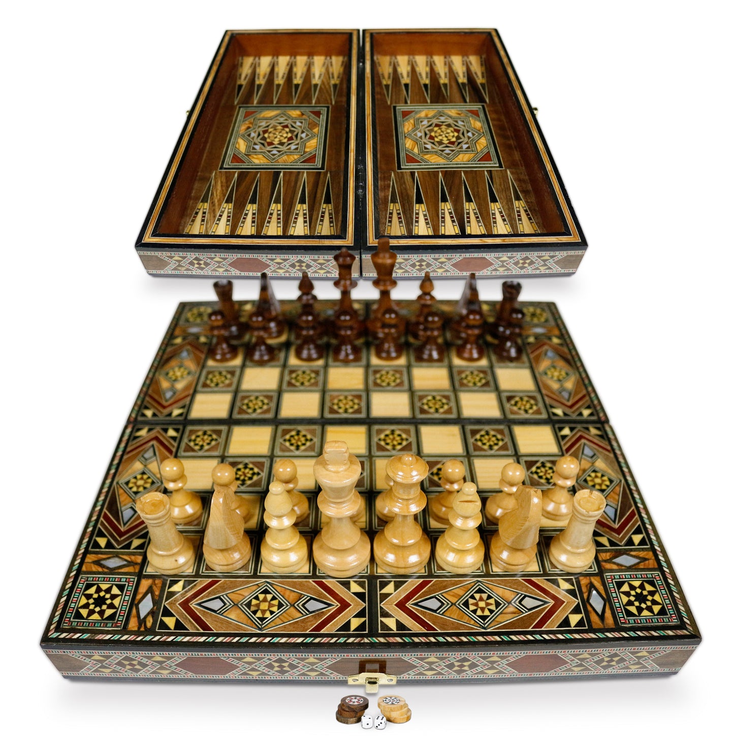 Holz Backgammon/Schach Brett inkl. Holz Steine&Figuren BT31F